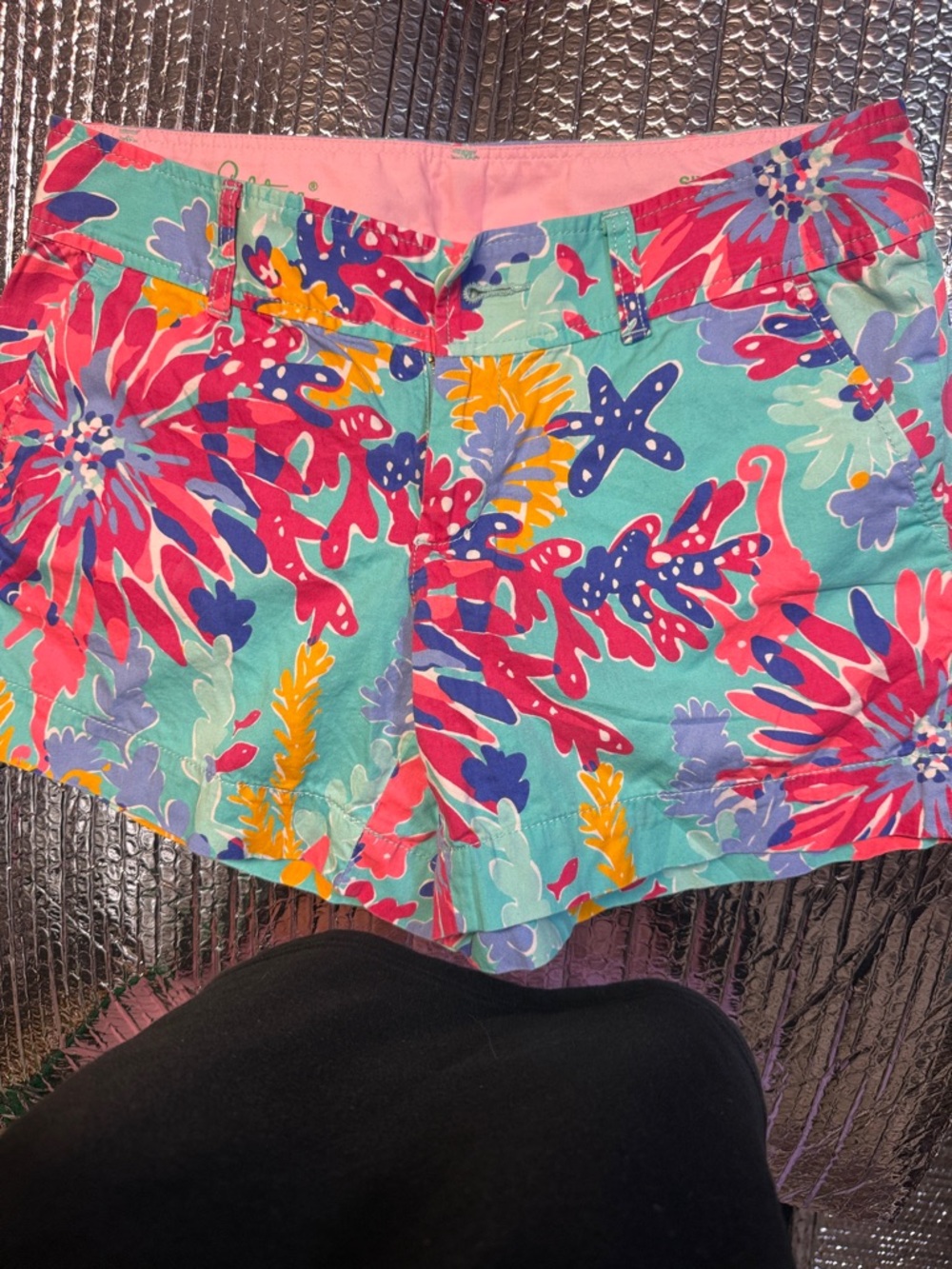 Lilly Pulitzer Teal Floral-Print Cotton Shorts with Pink & Yellow Accents